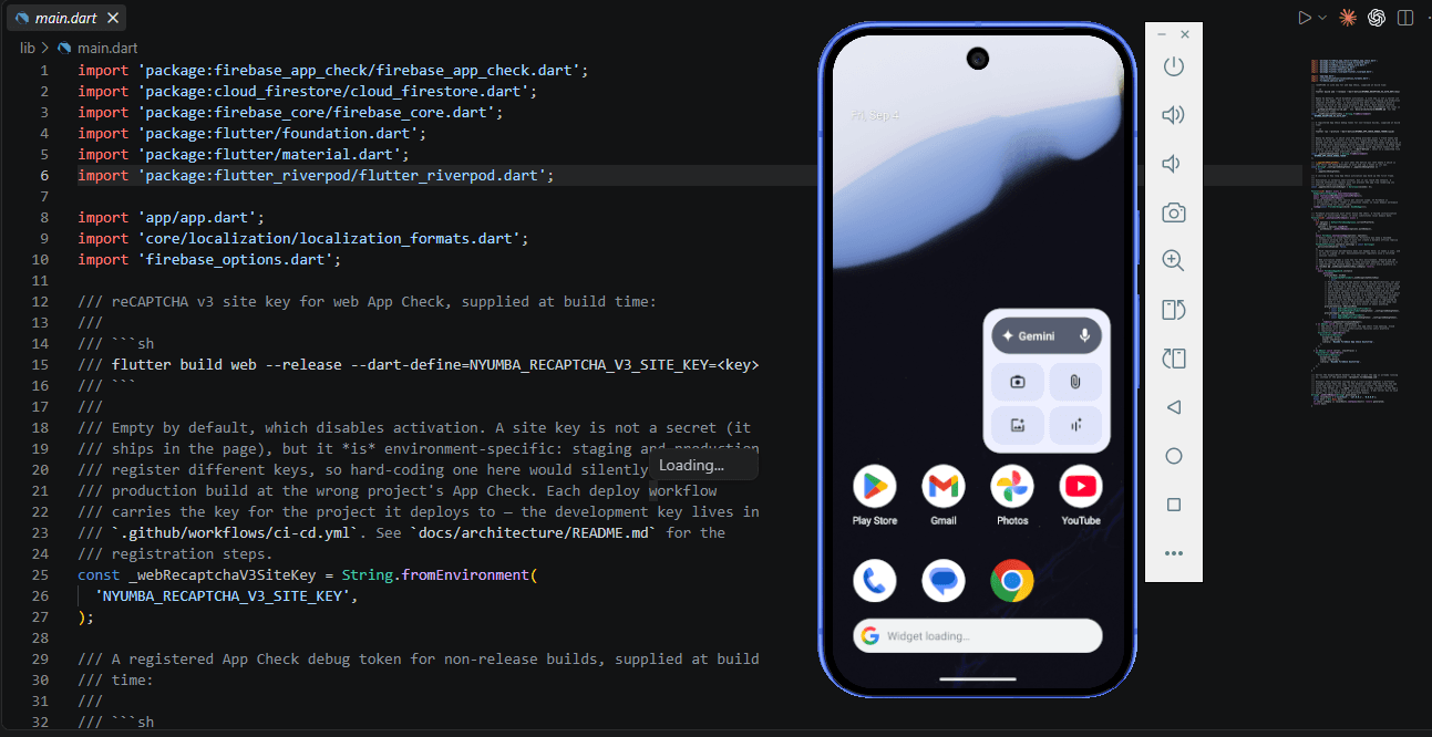 A Flutter application open in the editor beside a running emulator